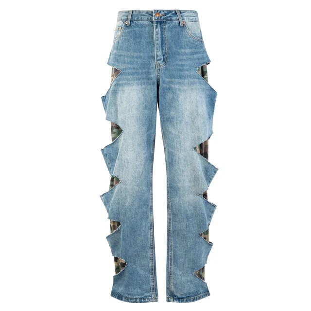 Camouflage Hole Fake Two Pieces Jeans - runwayfashionista.com