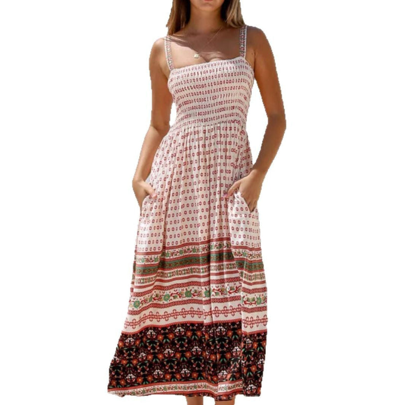 Sleeveless Printed Midi Dress with Adjustable Straps - White