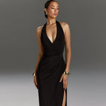 Seductive V-Neck High Slit Maxi Dress - Black