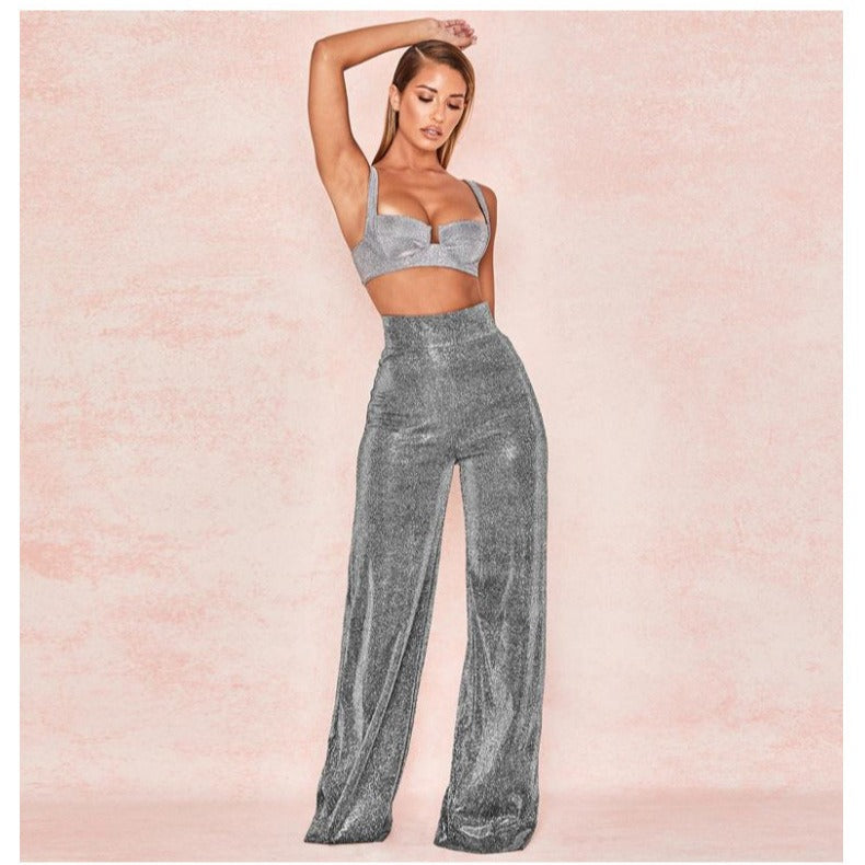 Silver-iron wide-leg pants high waist