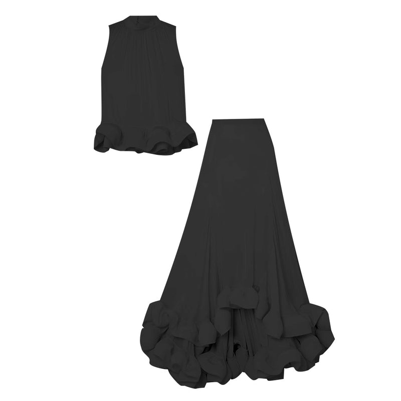 Stand Collar Sleeveless Tops High Waist Irregular Ruffles Skirts - runwayfashionista.com