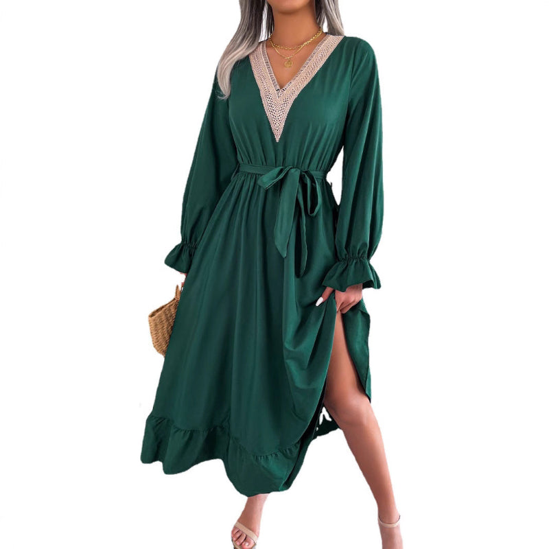 V-Neck Lace Waist Lotus Leaf Dress