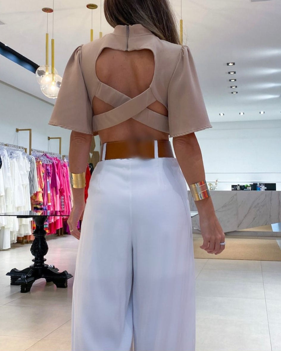 Sexy Cross Back Top Loose Wide Leg Pants Set - runwayfashionista.com