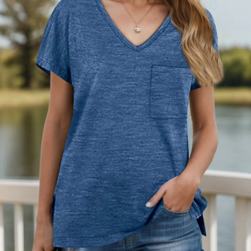Pocketed Heathered V-Neck Short Sleeve T-Shirt - runwayfashionistacom