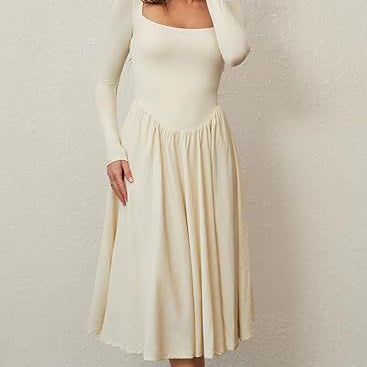 Square Neck Long Sleeve Pleated Midi Dress - apricot