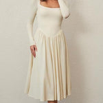 Square Neck Long Sleeve Pleated Midi Dress - apricot