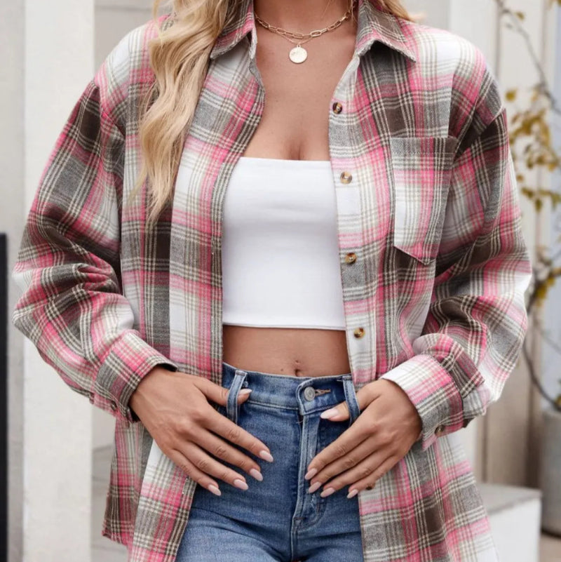 Plaid Collared Neck Long Sleeve Shirt - runwayfashionista.com