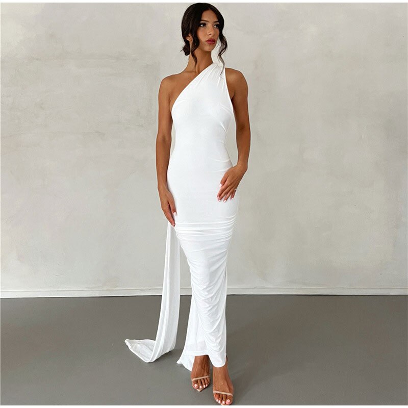 Oblique Shoulder Pleated Maxi Dress - runwayfashionista.com