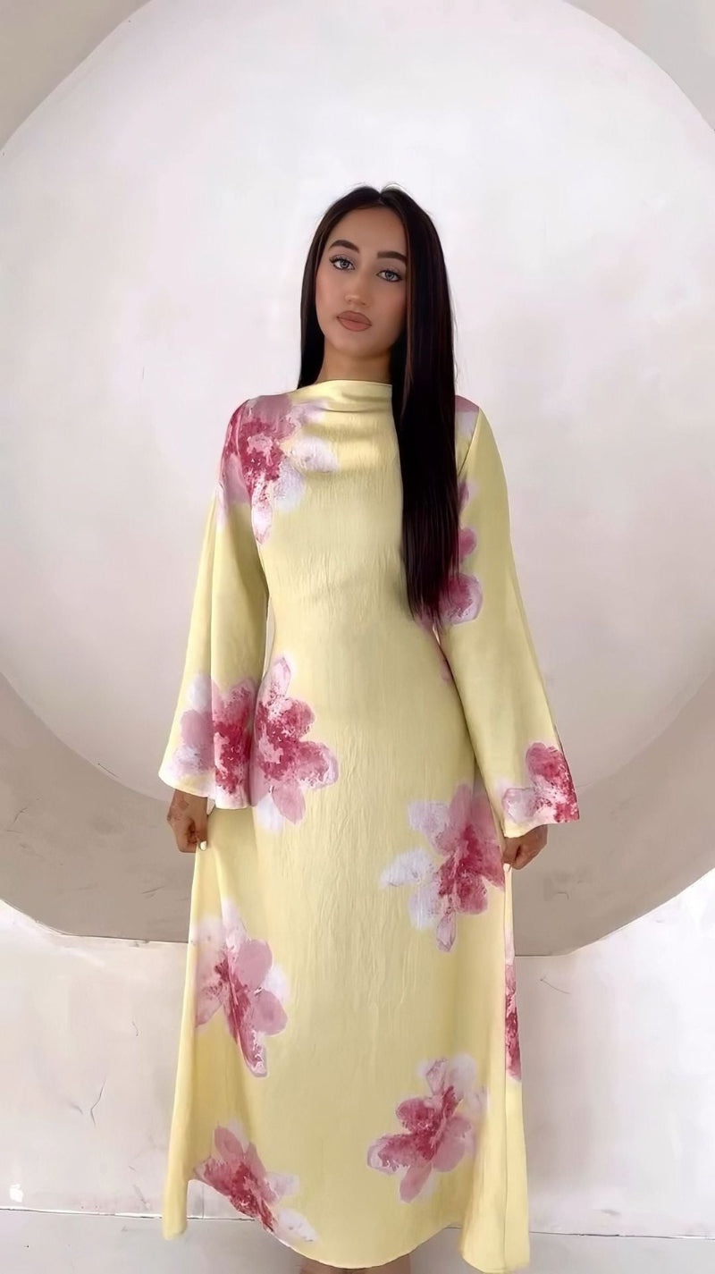 Waist-Cinched Ankle-Length Printed Midi Dress