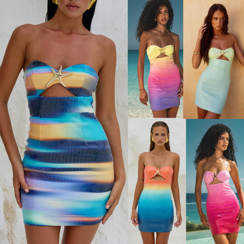 A sleeveless sequin-printed mini dress in vibrant pink, yellow, orange, green, and multicolor.