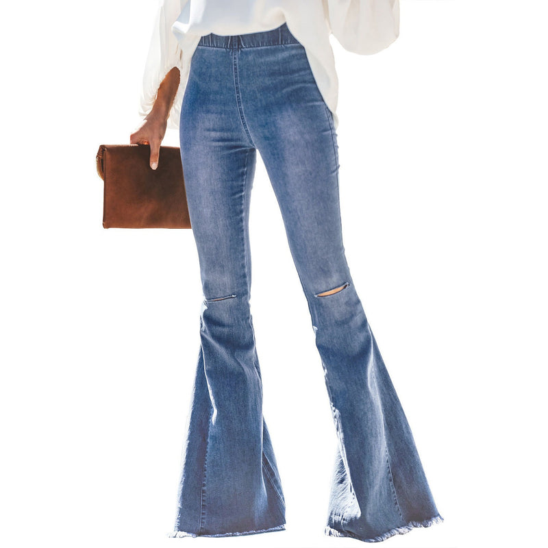 Denim Flared Elastic Waist Jeans - runwayfashionista.com