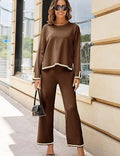 2 piece long sleeved knitted sweater top wide leg pants - runwayfashionista.com