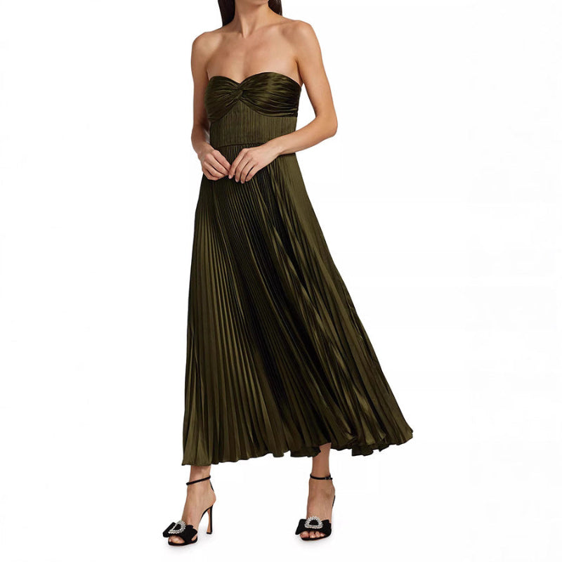 Satin mini dress, pleated dress, women's fashion, casual style, sleeveless dress