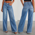 Loose Wide Leg Side Seam Splicing, Brushed Hem Denim Jeans - Cowboy Blue (S, M, L, XL)