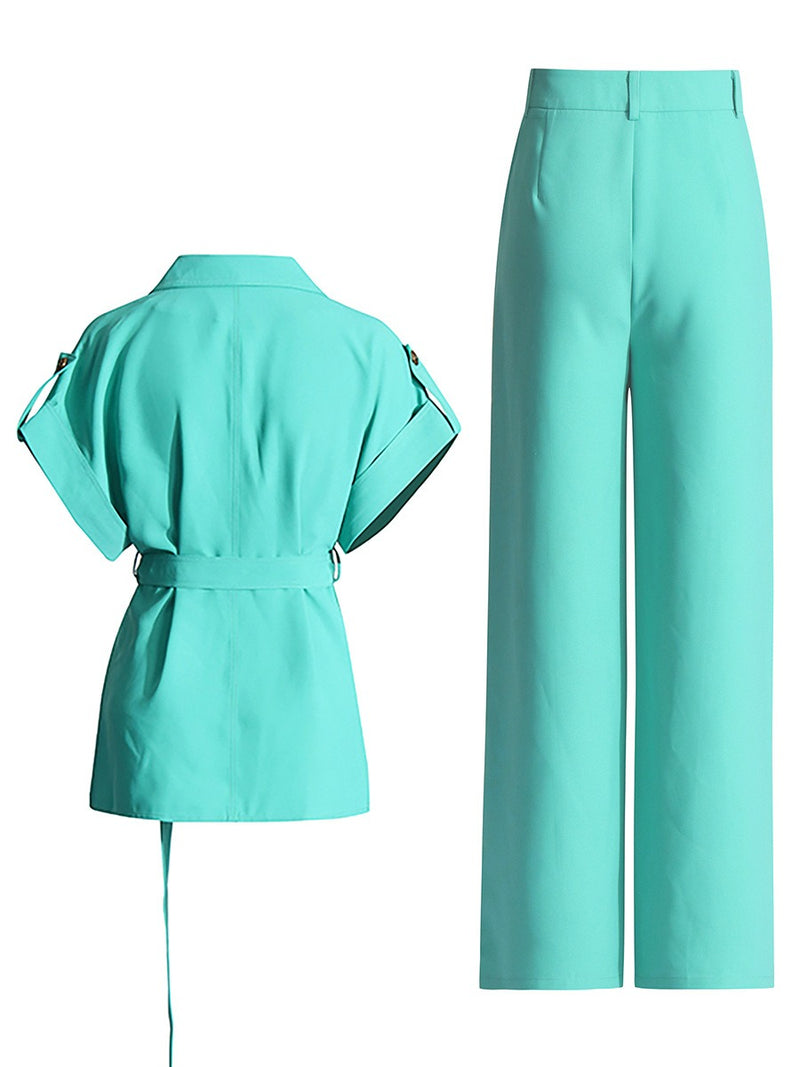 V-neck tie up top+ wide leg pants two-piece set