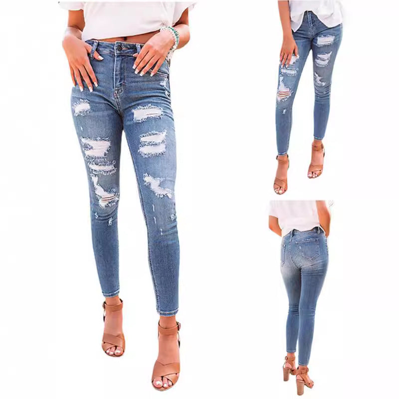 These high-waisted ripped elastic jeans combine edgy style with a comfortable, flexible fit for a bold, confident look.