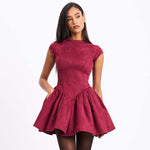 Round neck short sleeved A-line fluffy skirt Mini Dress