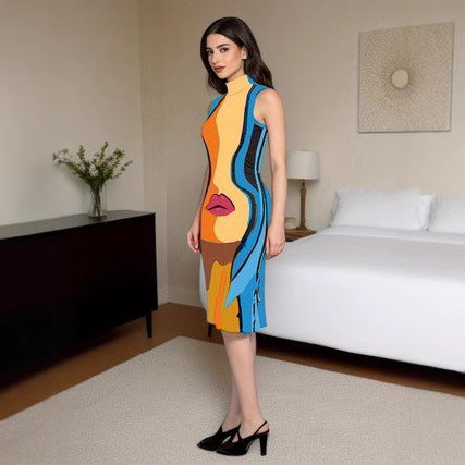 High Neck Lip Print Fitted Midi Dress