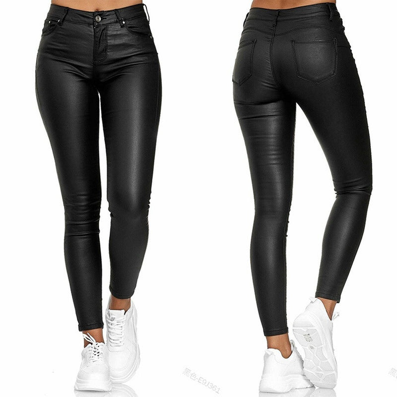 High Waist Solid Leather Casual Pants - runwayfashionista.com