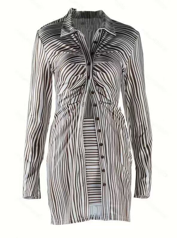 A woman wearing a black striped, long-sleeve, single-breasted shirt with a matching mini skirt, showcasing a European and American style.