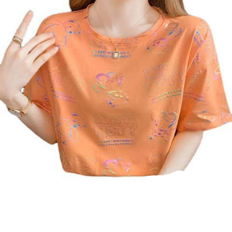 Cute Cartoon Loose Fit Milk Silk T-Shirt - orange red