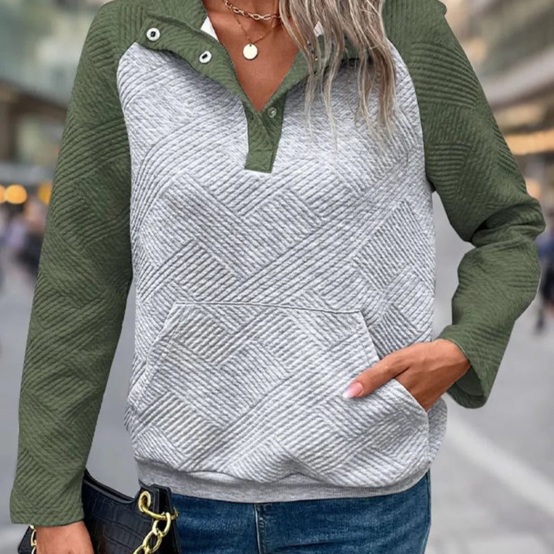 Contrast Textured Long Sleeve Sweatshirt - runwayfashionista.com