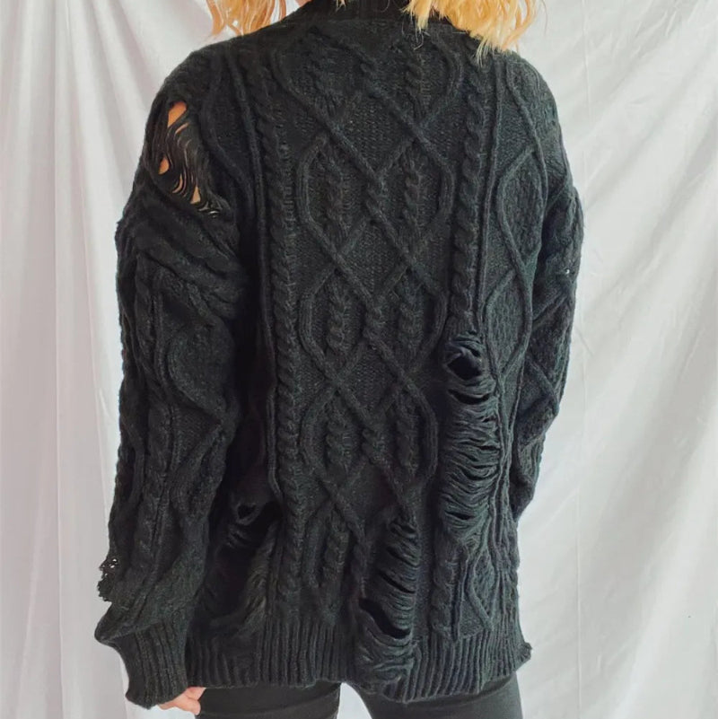 Distressed Cable-Knit Round Neck Long Sleeve Sweater -runwayfashionista.com