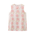 A sleeveless, short dress with a round neck, mid-waist fit, and a vibrant floral print.