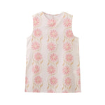 A sleeveless, short dress with a round neck, mid-waist fit, and a vibrant floral print.
