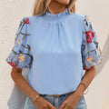 Embroidered Mock Neck Puff Sleeve Blouse - runwayfashionista.com