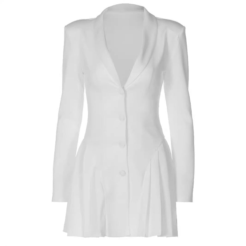 Black or white deep V-neck, long-sleeve short dress made of polyester, featuring a solid color, wrinkle pressing process, cardigan style, high waist, and hood cover front placket, available in sizes S, M, L.