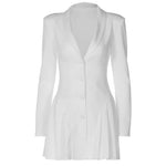 Black or white deep V-neck, long-sleeve short dress made of polyester, featuring a solid color, wrinkle pressing process, cardigan style, high waist, and hood cover front placket, available in sizes S, M, L.