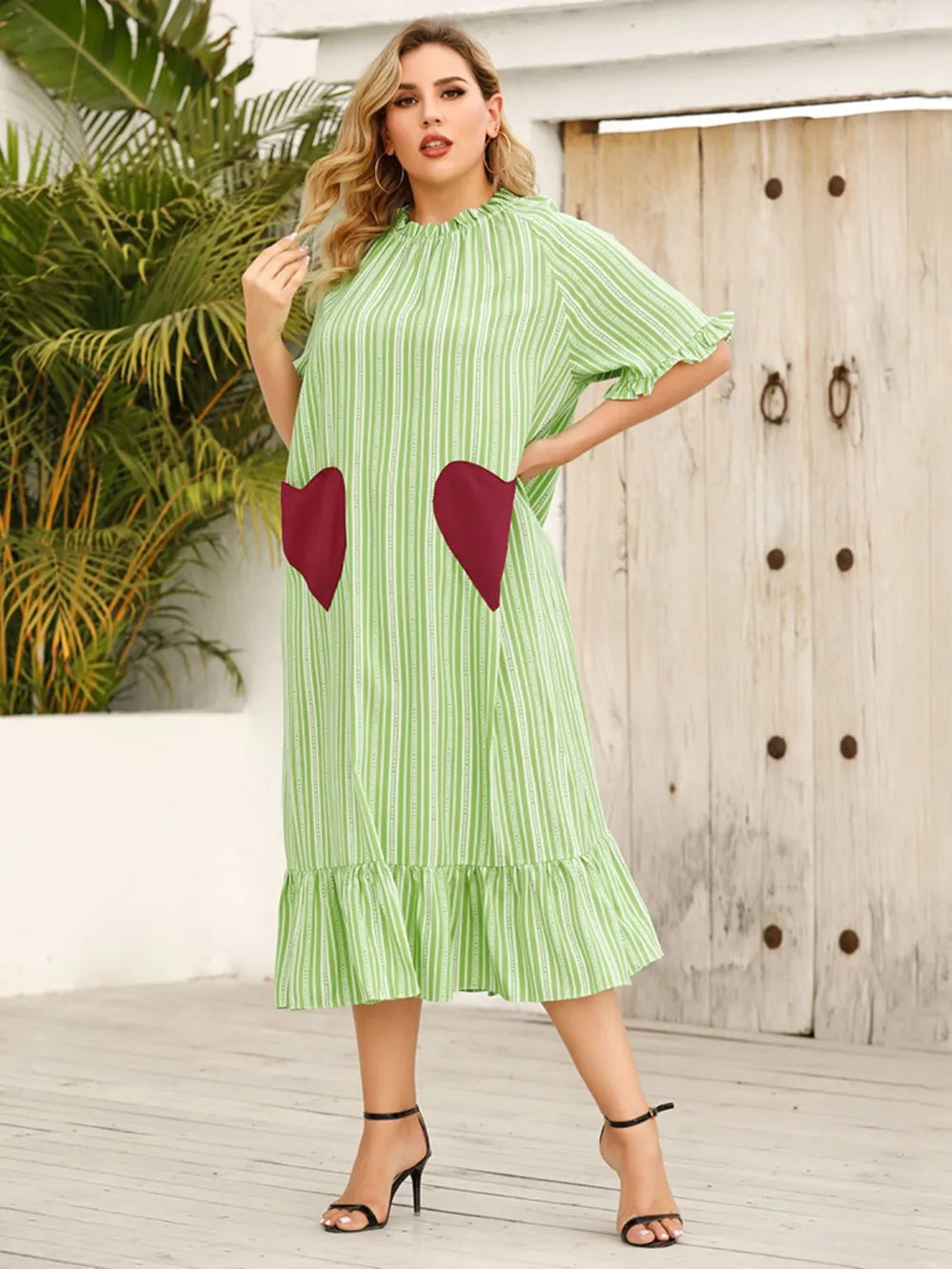 Plus Size Frill Heart Striped Half Sleeve Dress - Light Green - runwayfashionista.com