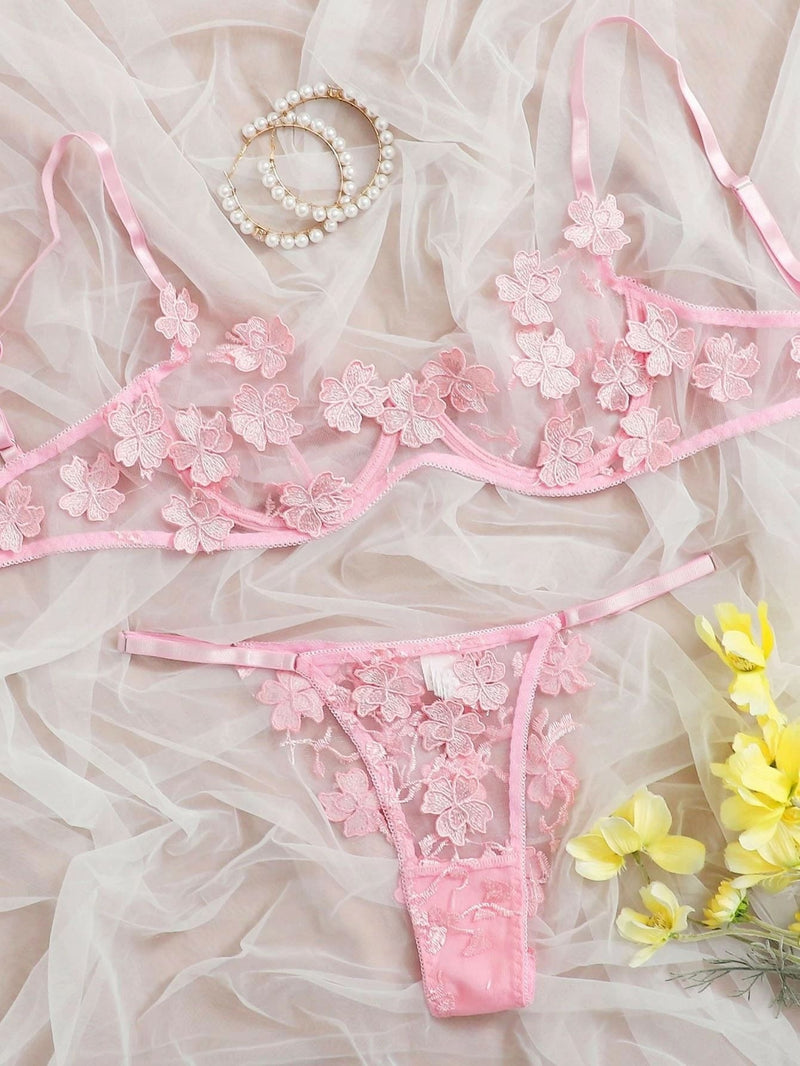 Mesh Embroidery Flower Decal Lingerie - runwayfashionista.com