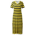 A collection of V-neck casual loose midi dresses with striped patterns and side slits, available in various colors.