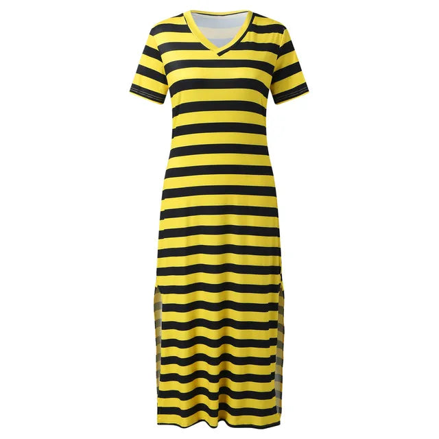 A collection of V-neck casual loose midi dresses with striped patterns and side slits, available in various colors.