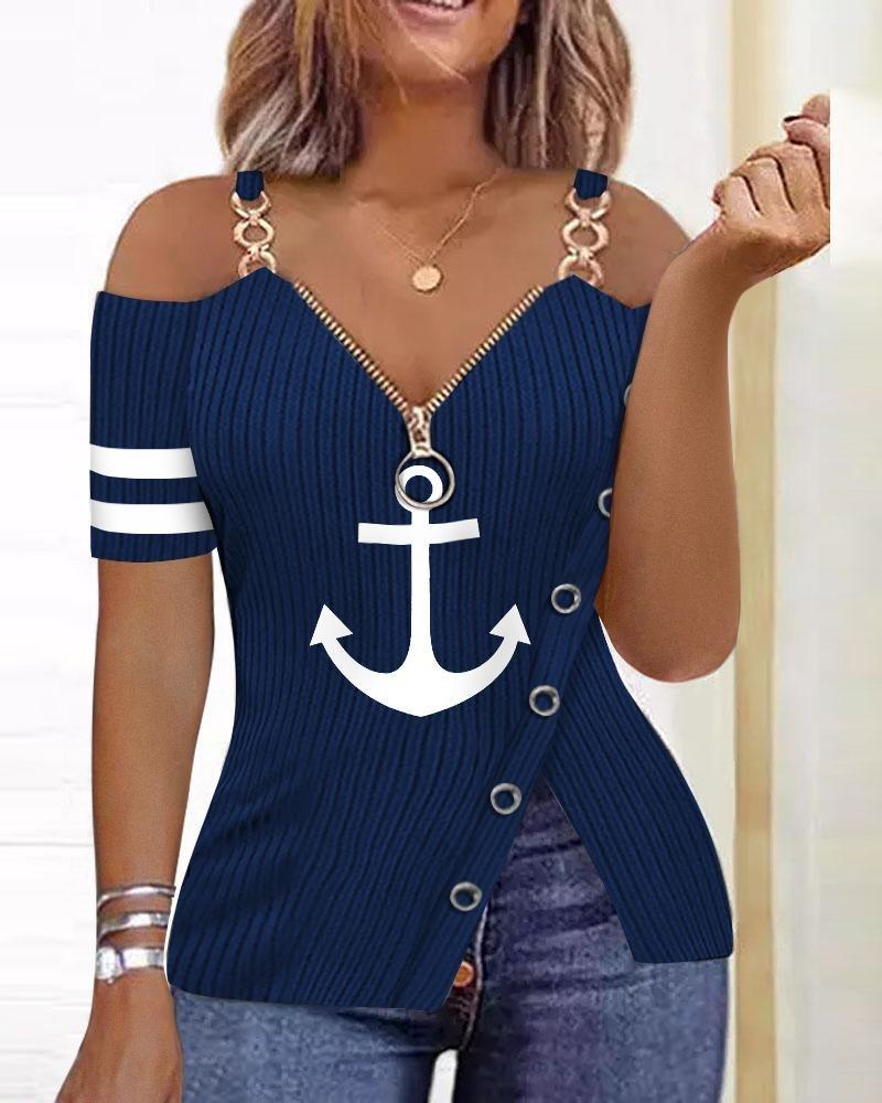 Summer Anchor Graphic Printed Zipper T-shirt - runwayfashionista.com