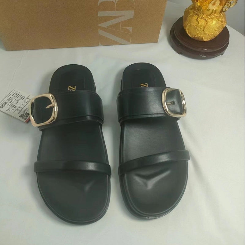 Straight-Line Belt Buckle Sandals