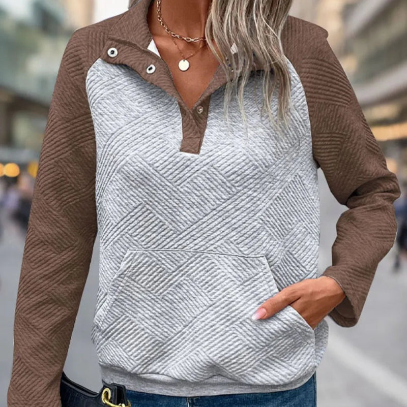 Contrast Textured Long Sleeve Sweatshirt - runwayfashionista.com