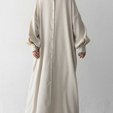 Black or apricot lantern sleeve single-breasted long dress made of chiffon with a solid color, round neck, puff long sleeves, and loose waist, available in one size.