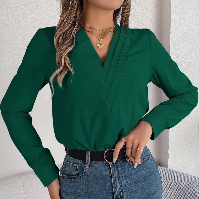 V-Neck Long Sleeve Blouse - runwayfashionista.com