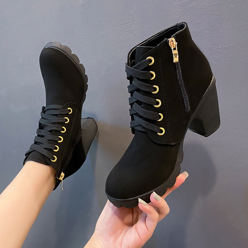 Thick Heels Round Toe Martin Boots - black