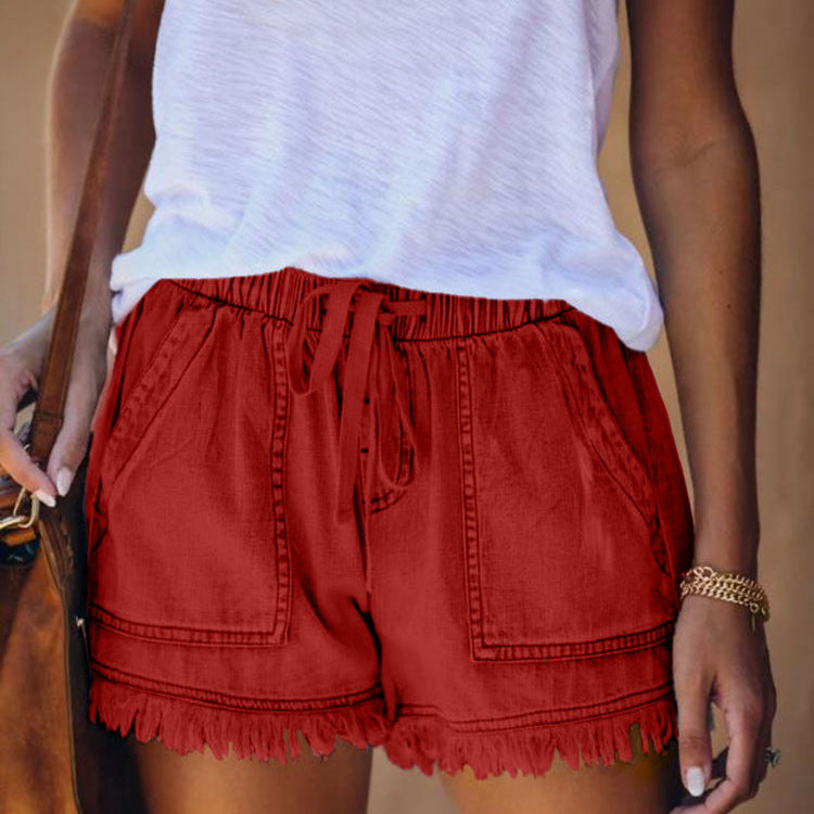 Elastic Waist Fringe Denim Shorts