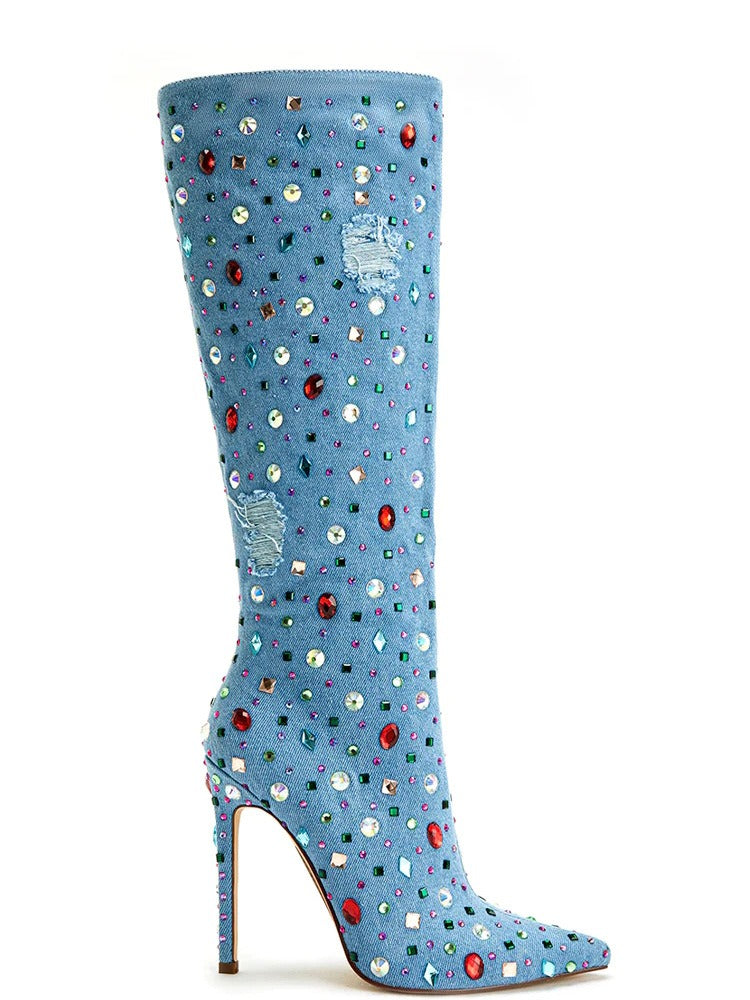 Multicolored Gemstone Denim Knee High Boots - runwayfashionista.com