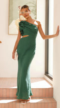 A fitted, one-shoulder maxi dress with a V-neck and sleeveless design, available in green, yellow, rose pink, red, and black, suitable for resort wear.