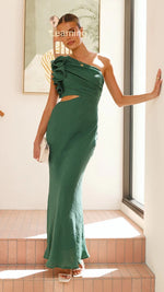 A fitted, one-shoulder maxi dress with a V-neck and sleeveless design, available in green, yellow, rose pink, red, and black, suitable for resort wear.