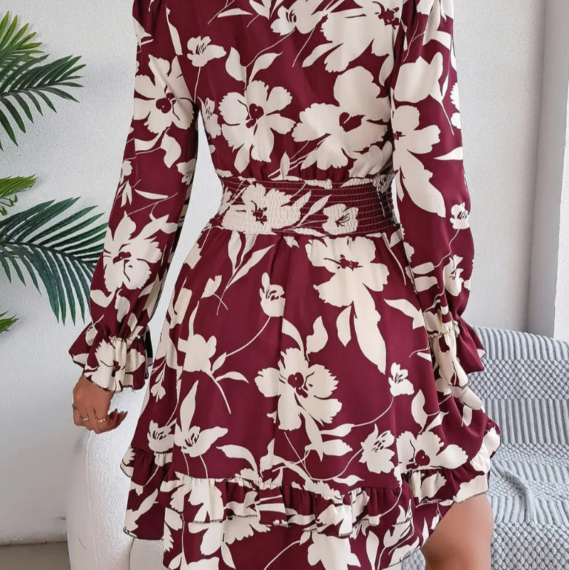 Tied Ruffled Printed Long Sleeve Dress - runwayfashionista.com