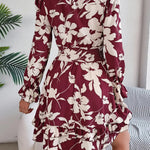 Tied Ruffled Printed Long Sleeve Dress - runwayfashionista.com