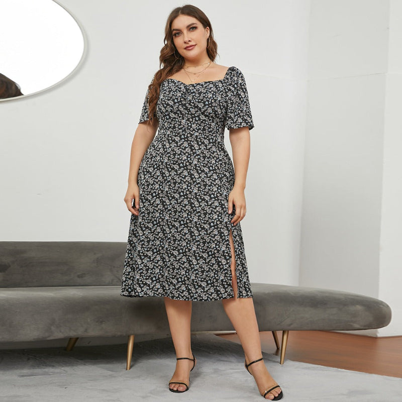 Square Neck Waist Open Long Floral Dresses