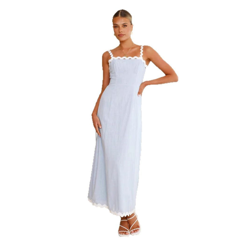 A light blue, slimming midi dress with a one-shoulder neckline and delicate lace straps, shown on a model.